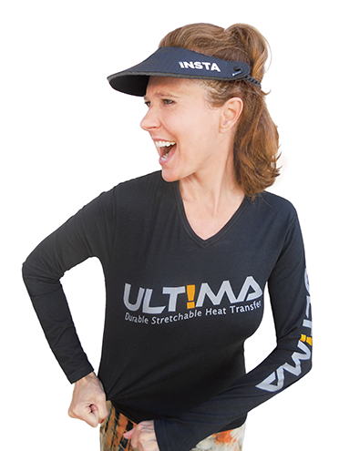 ultima design with women showing products on shirt and hat. Heat Press Machine - Insta Graphic Systems