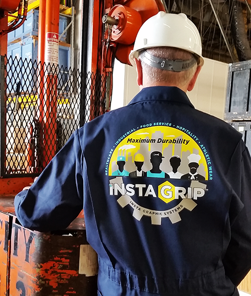 instagrip worker logo on worker clothing Heat Press Machine - Insta Graphic Systems