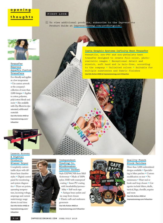 Insta's Infinity Transfer example featured in Impressions Magazine - Heat Press Machine - Insta Graphic Systems