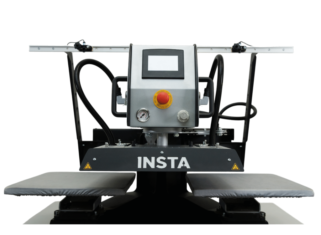 Front view of an Insta Graphic Systems dual-platen automatic heat press with touchscreen controls and two workstations