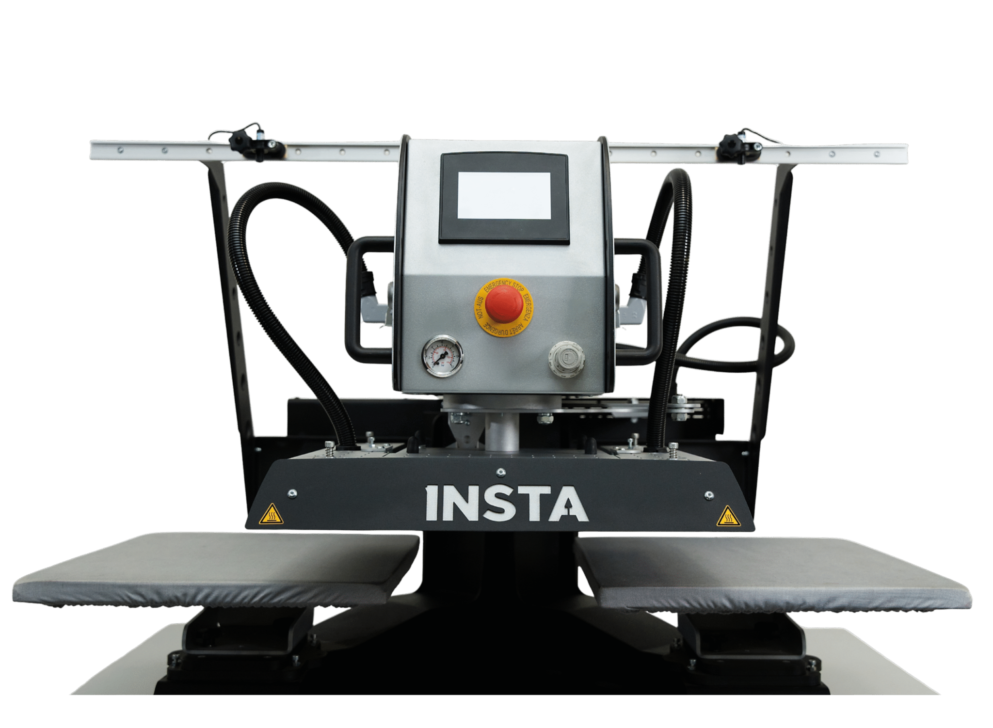 Front view of an Insta Graphic Systems dual-platen automatic heat press with touchscreen controls and two workstations